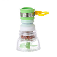 360-degree rotating water saving faucet attachment on a kitchen sink.