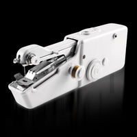 mini electric sewing machine in use, demonstrating its handheld design.