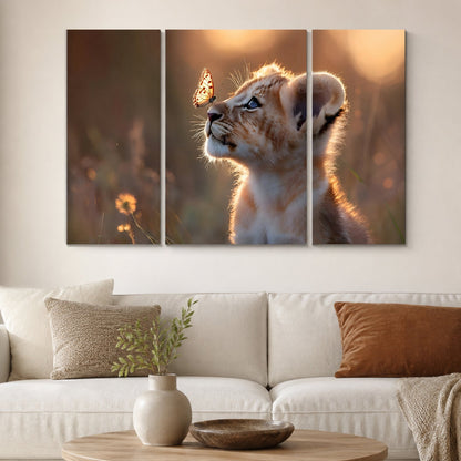 Three-panel wildlife wall art featuring lion cubs for home decor