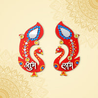 Shubh Labh Wall Hanging featuring traditional peacock design with mirror and stone work