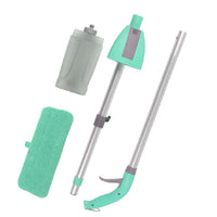 Mint-green spray mop shown as separate handle, refillable bottle and cleaning-head parts.