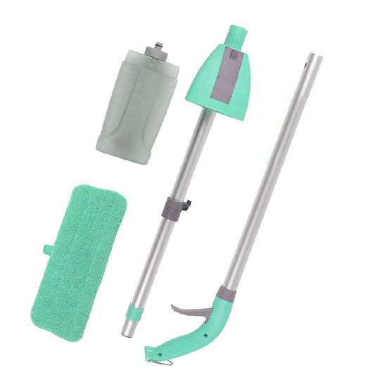 Mint-green spray mop shown as separate handle, refillable bottle and cleaning-head parts.
