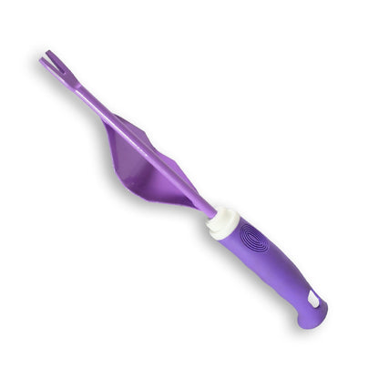 Purple hand weeder with a curved head on a white background.