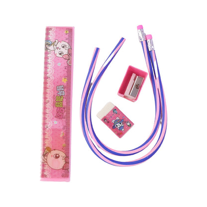 Closeup of colorful kids school stationery kit showing item details