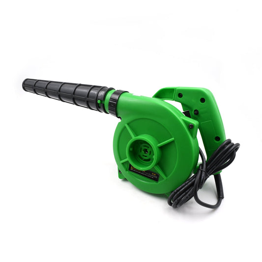 Green electric air blower with black nozzle and power cord on a white background.