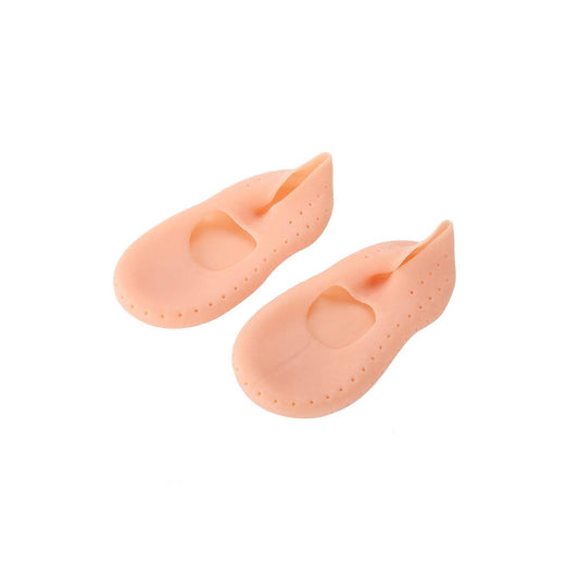 Pair of peach-coloured open-toe heel protector socks on a white background.