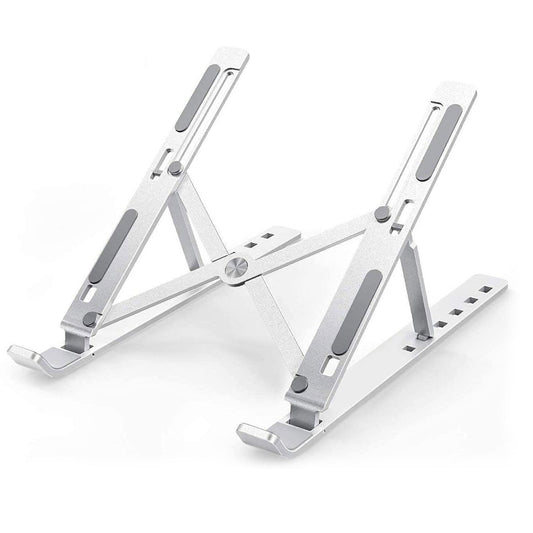 Silver adjustable laptop stand with an open frame on a white background.