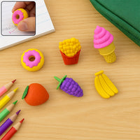 A vibrant Kids Eraser Set featuring assorted 3D food erasers arranged together.