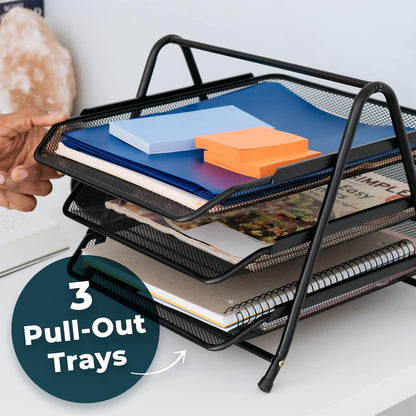 Metal rack with three tiers for paper organization