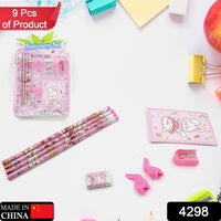 Complete 9-piece kids' stationery kit with wooden pencils and diary.