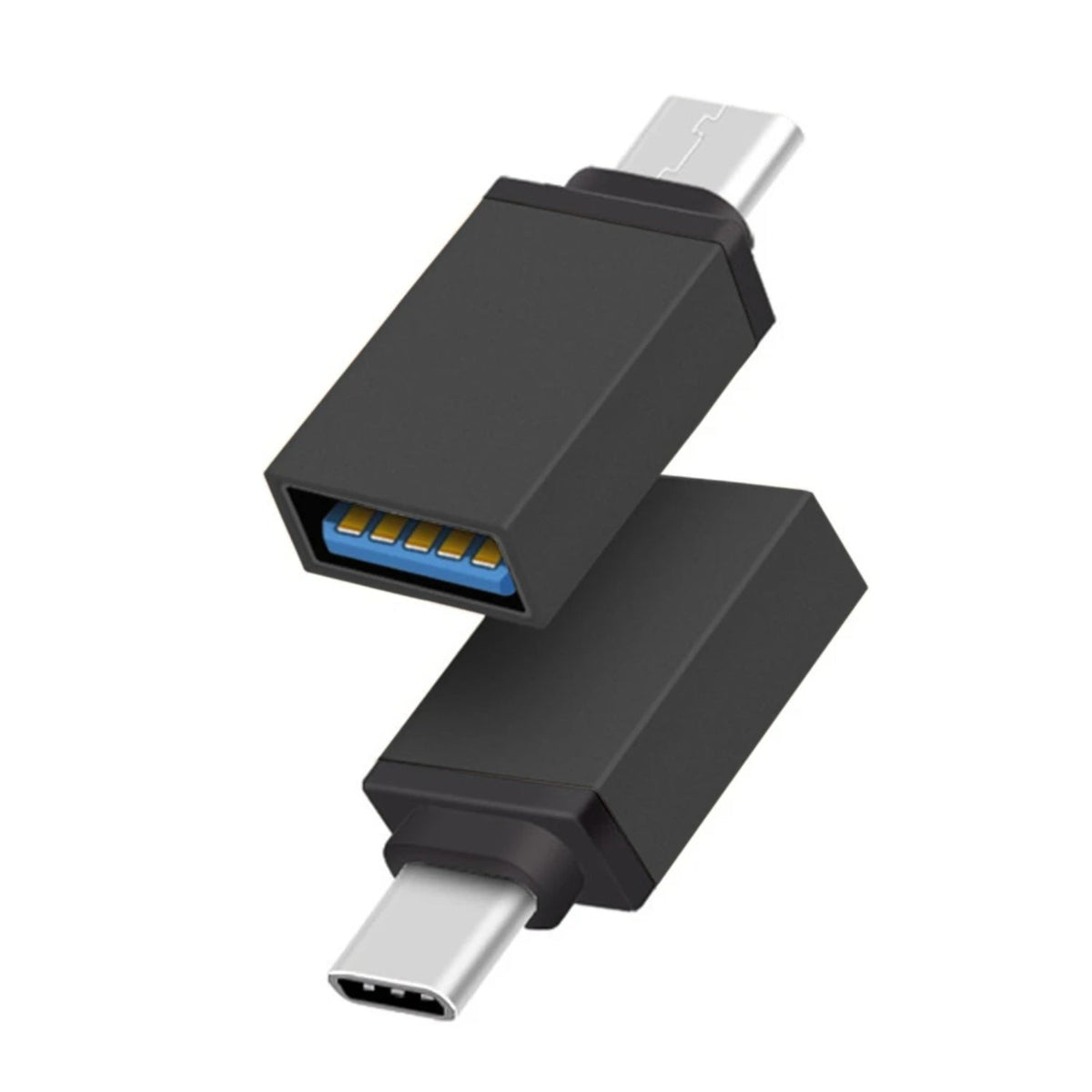 Two views of a black USB-C to USB-A OTG adapter on a white background.