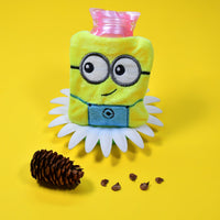 Cute Minions 2-eye hot water bag with soft yellow cover for pain relief.