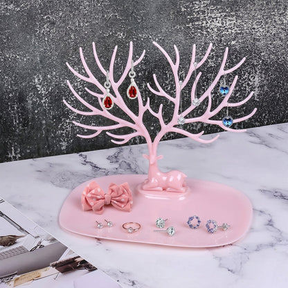 Full view of pink deer jewelry organizer stand, India
