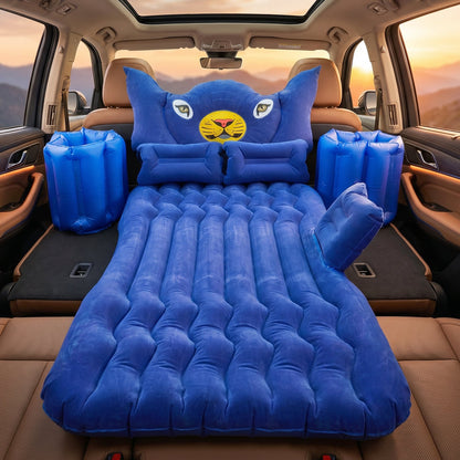 Complete inflatable car bed set including cushions and pump