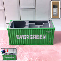 Container-style desk organizer holding pens and stationery on office desk.