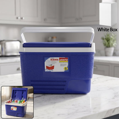 Close-up of blue 6 litre insulated ice cooler with lid