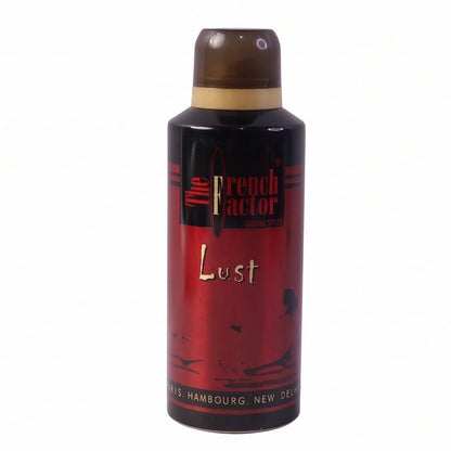 Packaged French Factor Lust Red deodorant spray on a grooming shelf with branding
