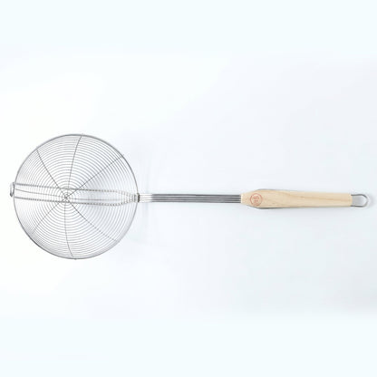Stainless steel frying strainer with long handle for safe kitchen use