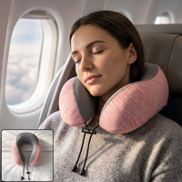 U shaped travel neck pillow, pink and grey with drawstring toggle (1 pc)