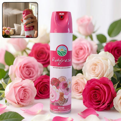 Rubfresh Rose Air Freshener spray bottle with floral background