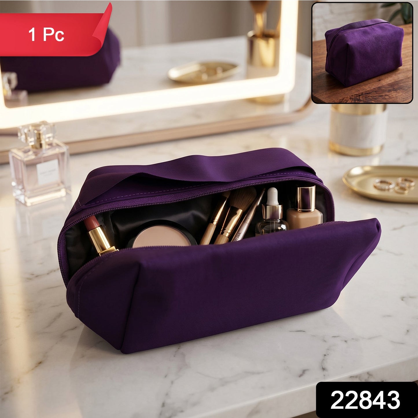 Compact travel makeup pouch with zipper closure